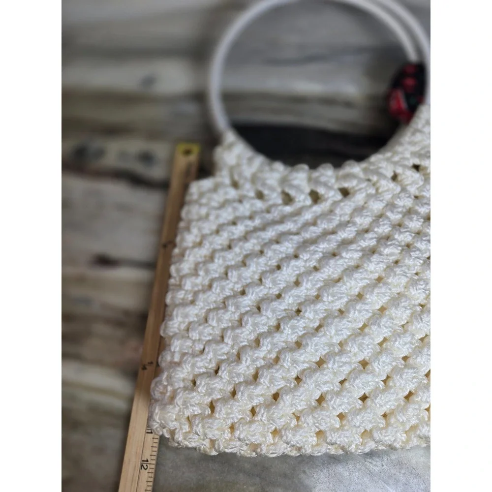 Vintage Style Cream Crochet Handbag White Ring Handle Boho Tote Cottagecore